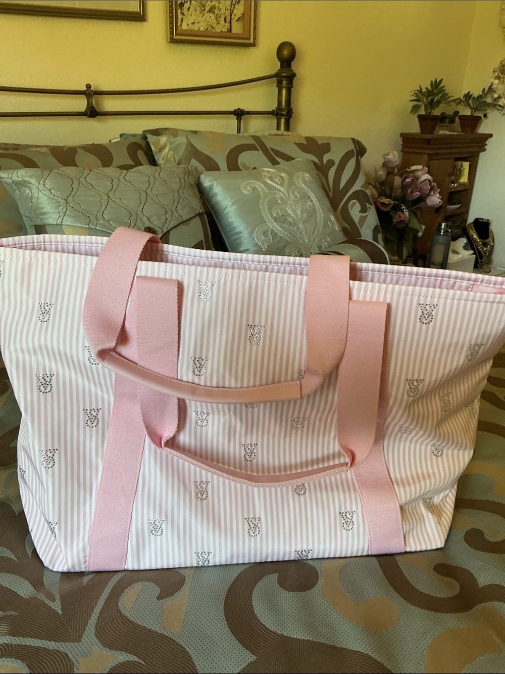 Victoria's Secret Pink Striped Tote with Glitter Logo Accents